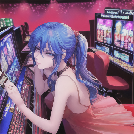 Beautiful girl plays bitcoin casino and wins, image created by AI
